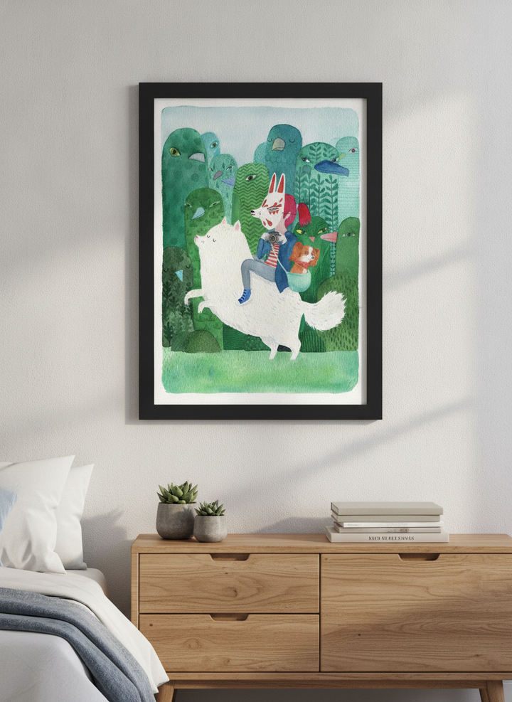 Minimalist artwork displayed in a calm, light-filled bedroom interior