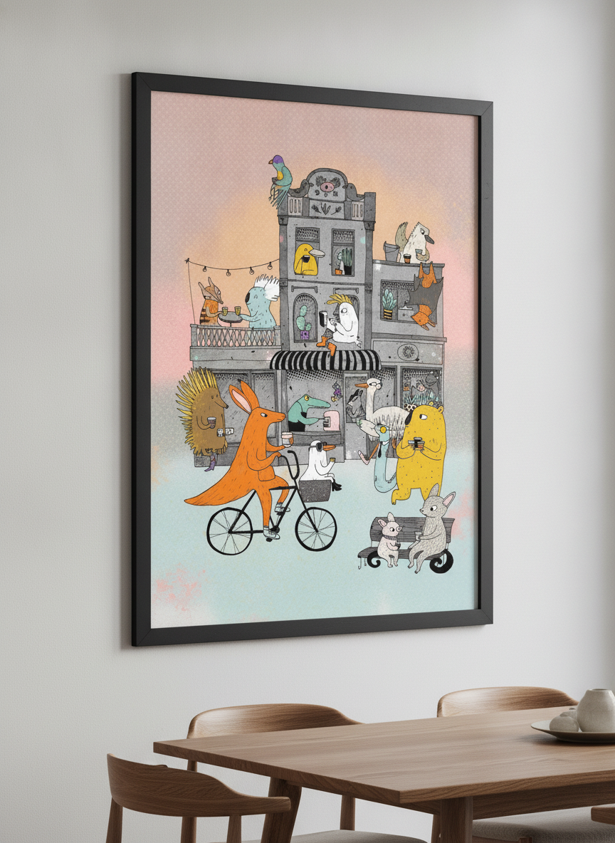 Wall art styled above a dining table in a contemporary home