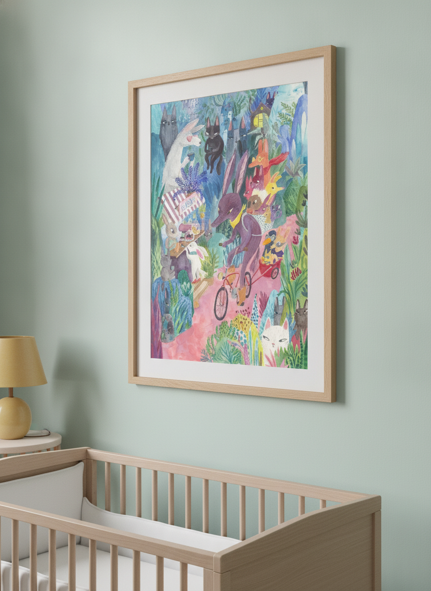 Soft neutral wall art styled in a serene nursery with pastel tones