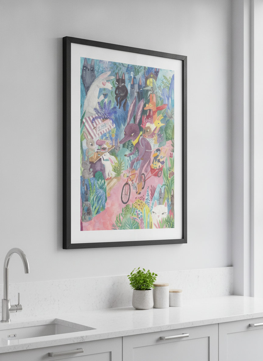 Artwork styled on the wall of a bright modern kitchen