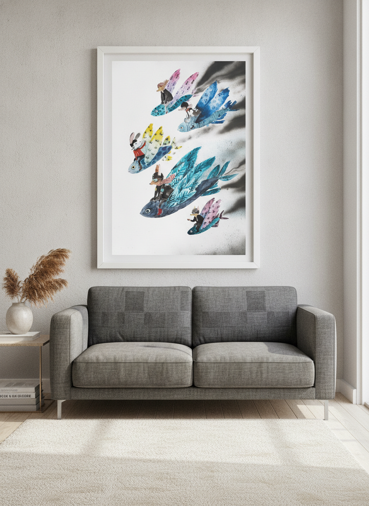 Modern wall art styled above a sofa in a neutral living room