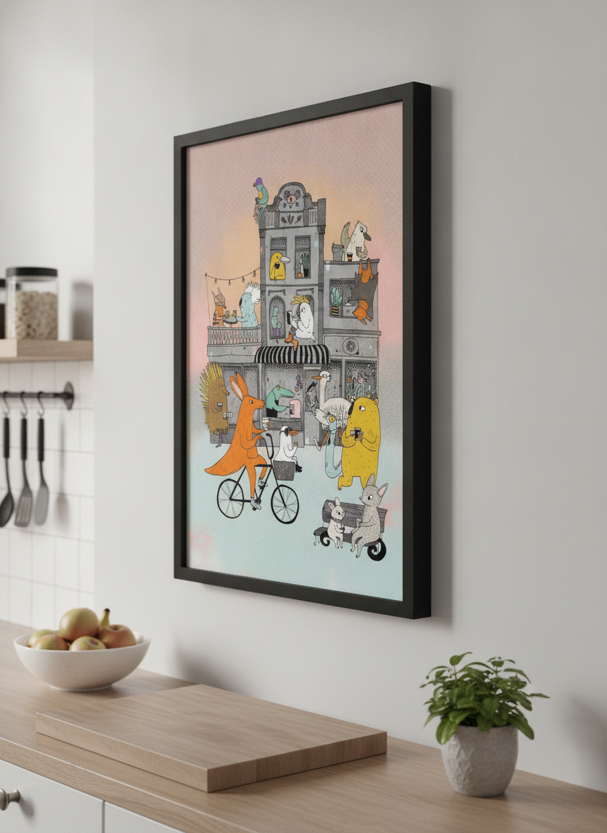 Artwork styled on the wall of a bright modern kitchen