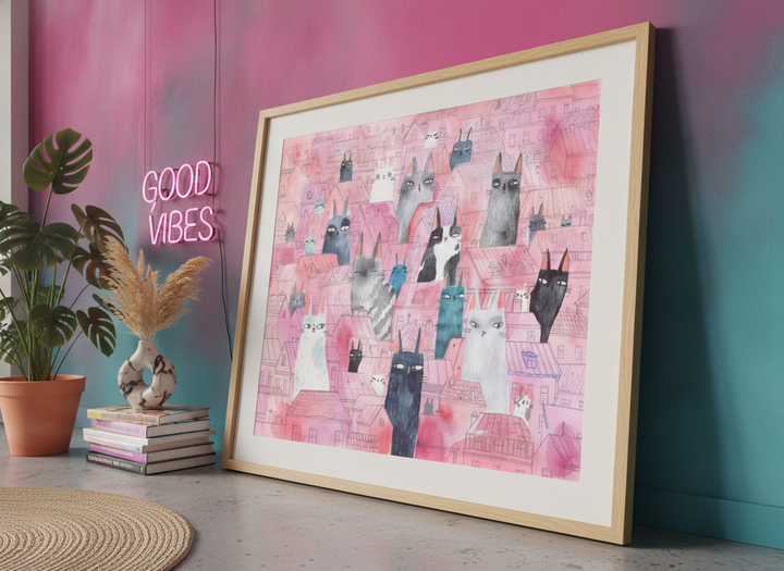 Bold wall art styled in a colourful, eclectic modern home