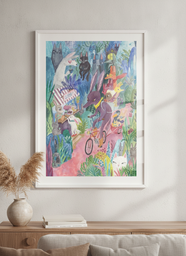 Modern wall art styled above a sofa in a neutral living room