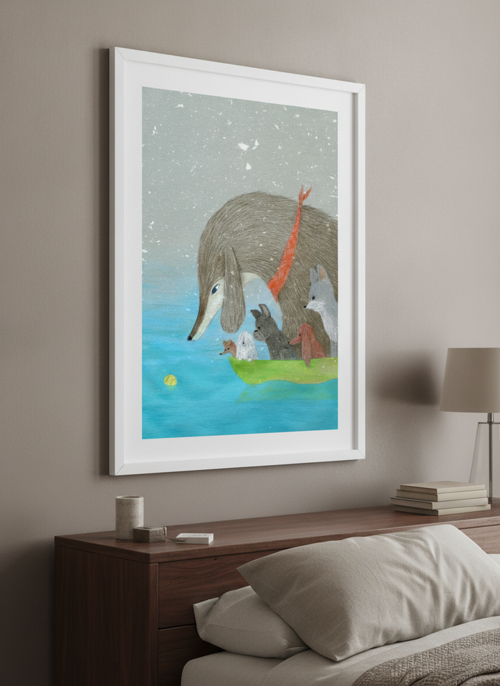 Minimalist artwork displayed in a calm, light-filled bedroom interior
