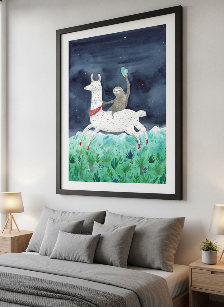 Minimalist artwork displayed in a calm, light-filled bedroom interior