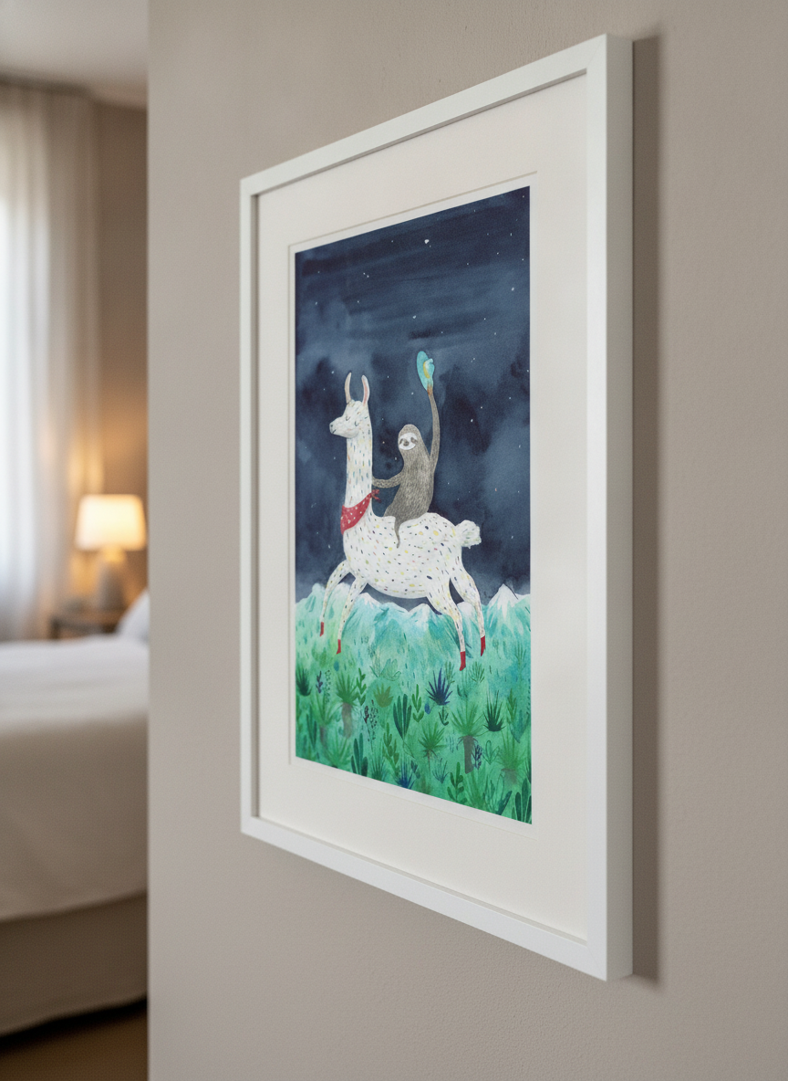 Minimalist artwork displayed in a calm, light-filled bedroom interior