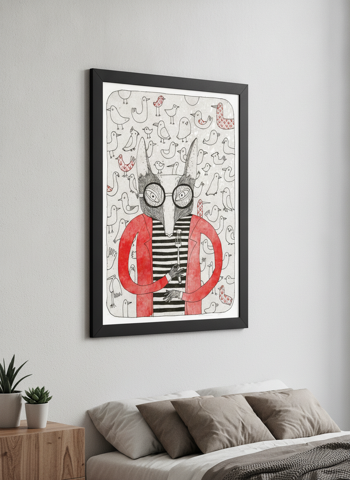 Minimalist artwork displayed in a calm, light-filled bedroom interior