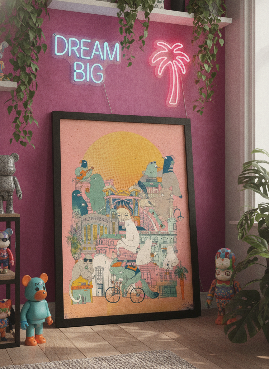 Bold wall art styled in a colourful, eclectic modern home