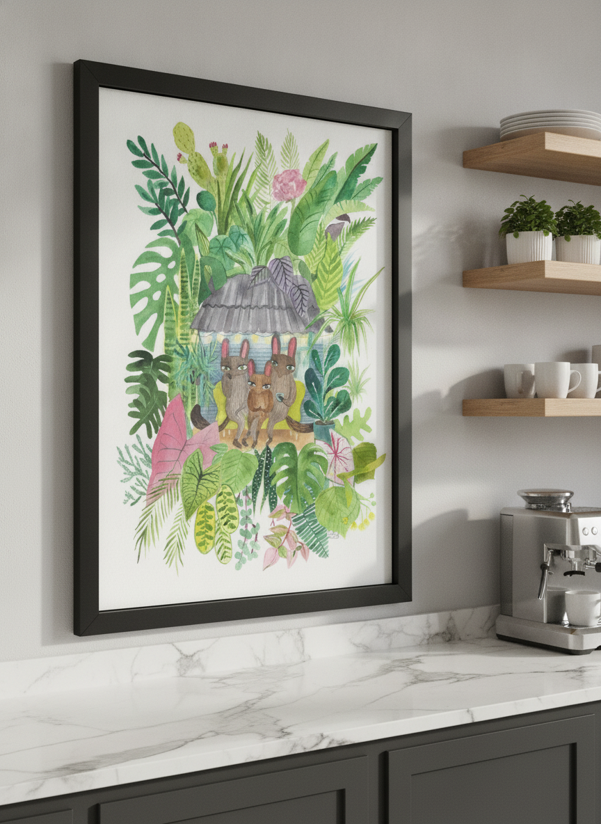 Artwork styled on the wall of a bright modern kitchen