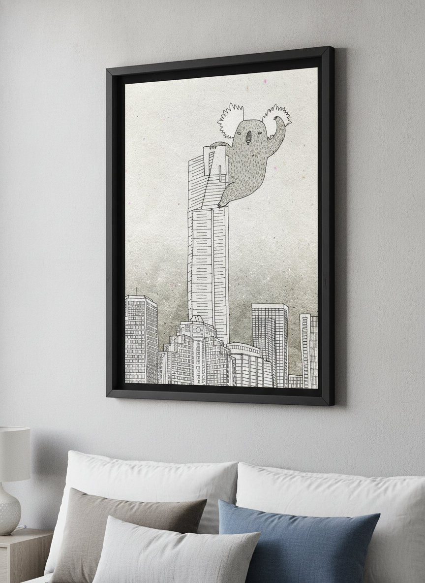 Minimalist artwork displayed in a calm, light-filled bedroom interior