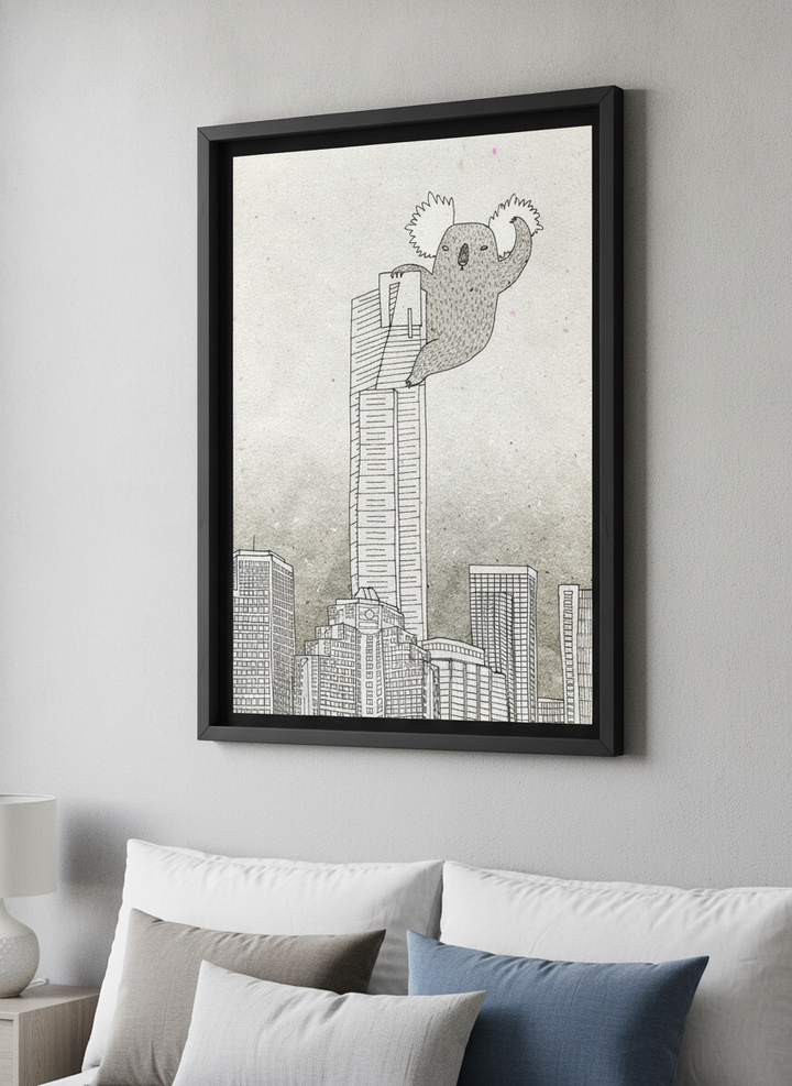 Minimalist artwork displayed in a calm, light-filled bedroom interior