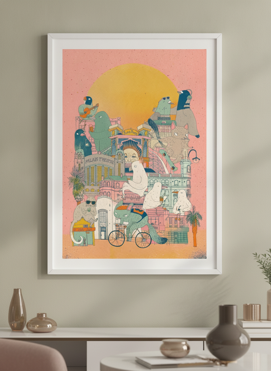 Modern wall art styled above a sofa in a neutral living room