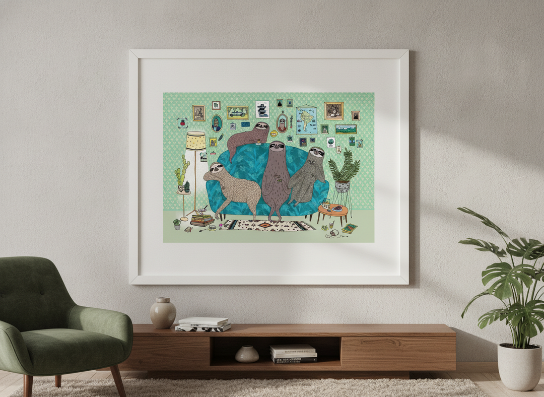 Modern wall art styled above a sofa in a neutral living room