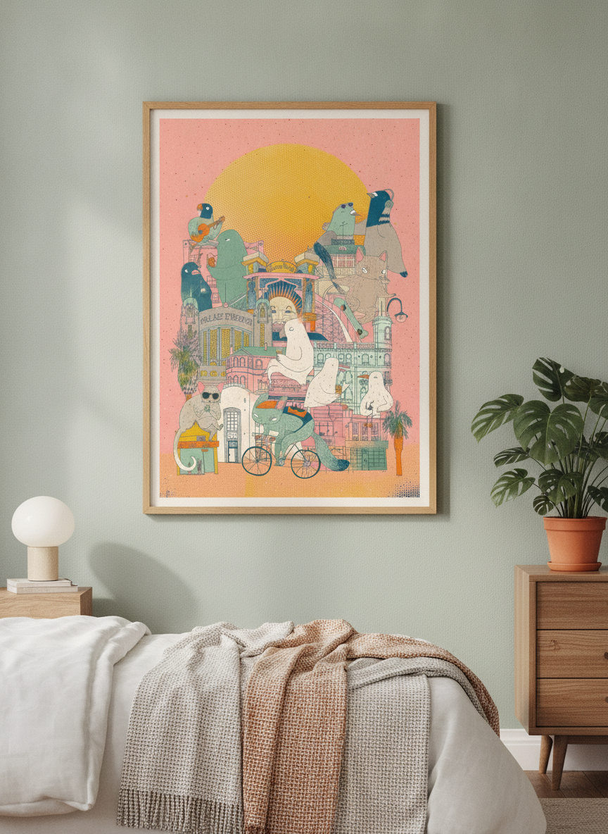Minimalist artwork displayed in a calm, light-filled bedroom interior