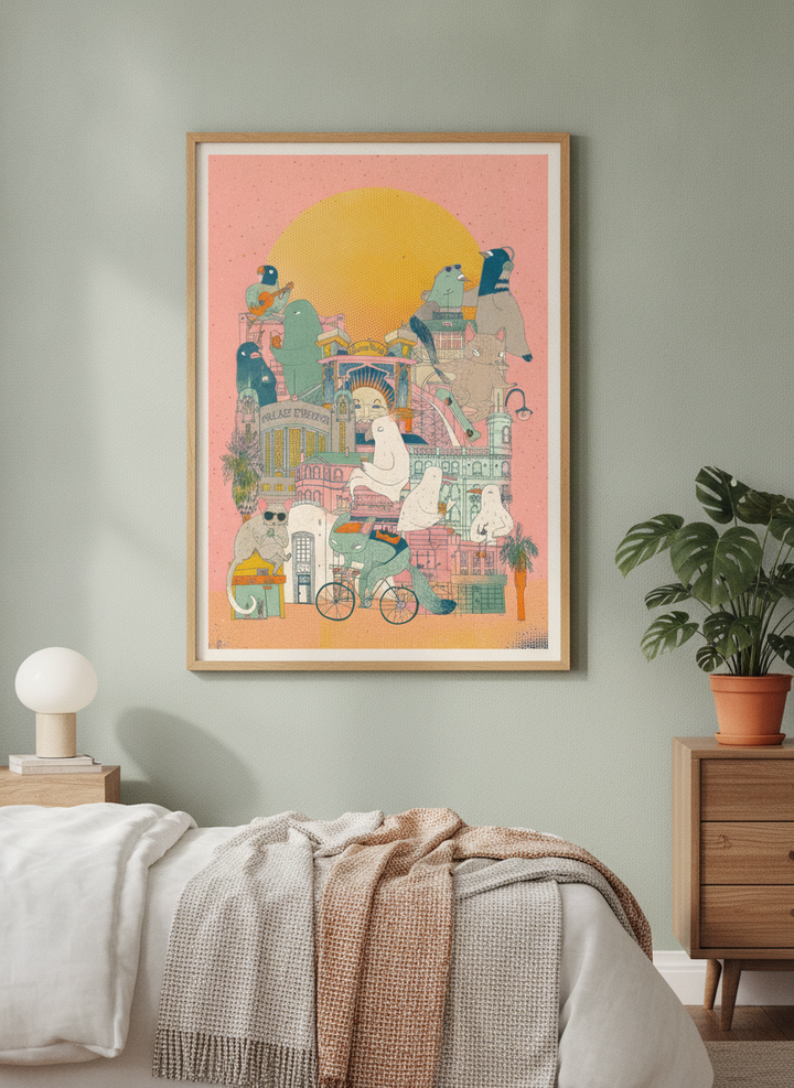 Minimalist artwork displayed in a calm, light-filled bedroom interior