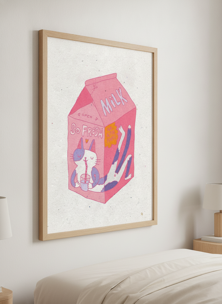 Minimalist artwork displayed in a calm, light-filled bedroom interior
