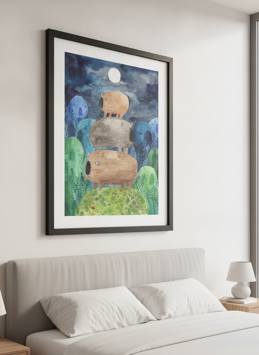 Minimalist artwork displayed in a calm, light-filled bedroom interior
