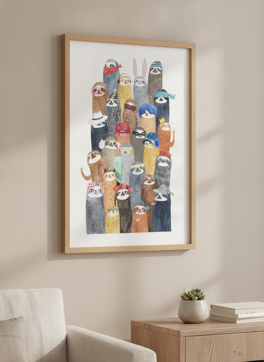 Modern wall art styled above a sofa in a neutral living room