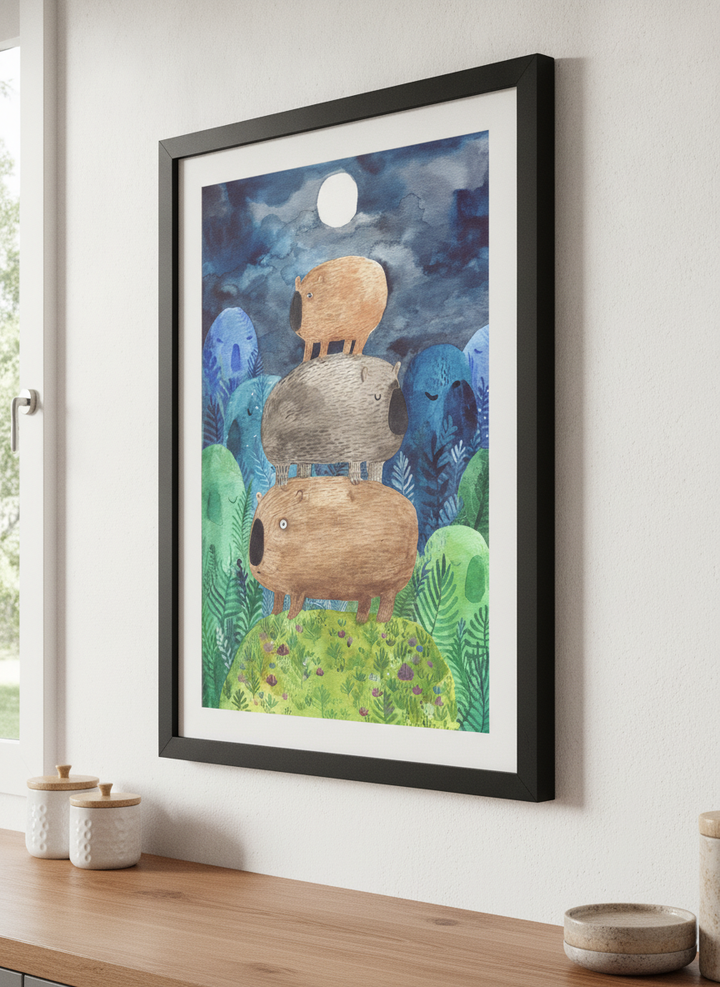 Artwork styled on the wall of a bright modern kitchen