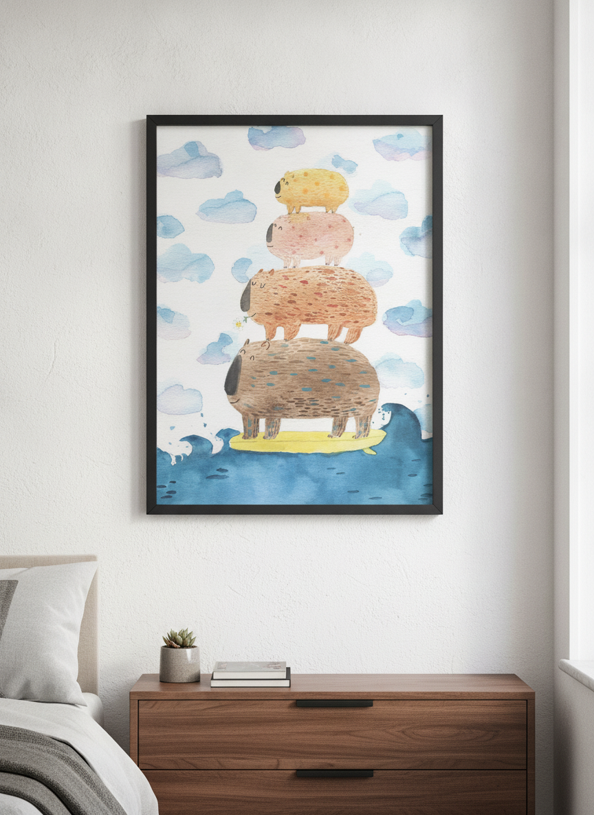 Minimalist artwork displayed in a calm, light-filled bedroom interior