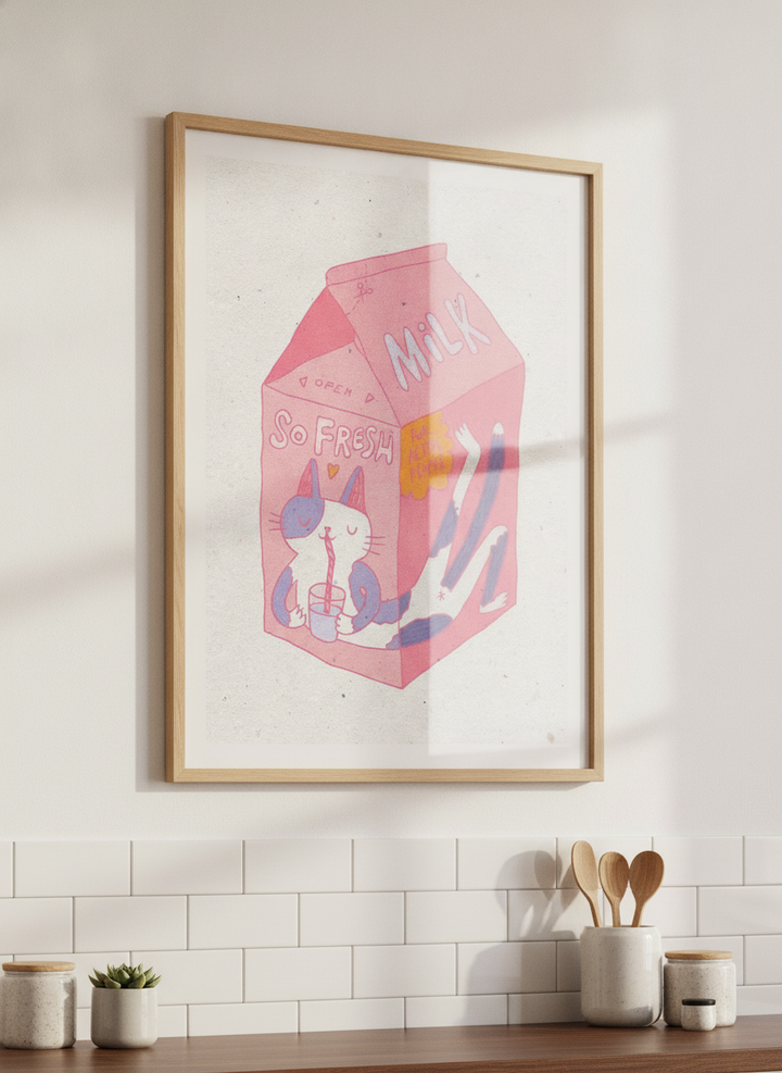 Artwork styled on the wall of a bright modern kitchen