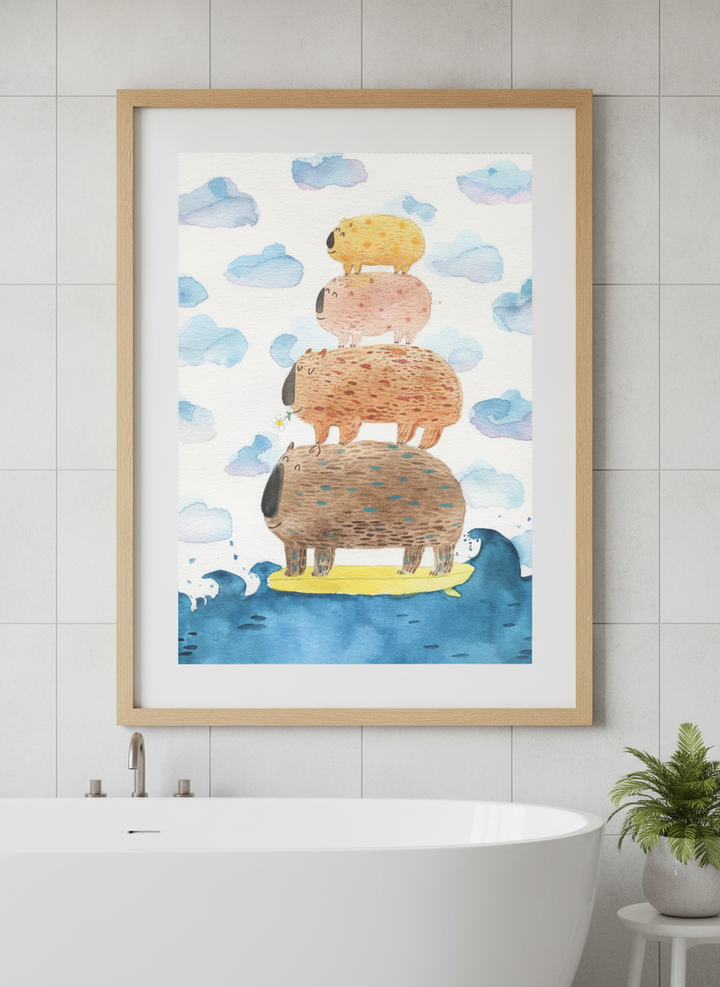 Modern print displayed in a clean minimalist bathroom setting
