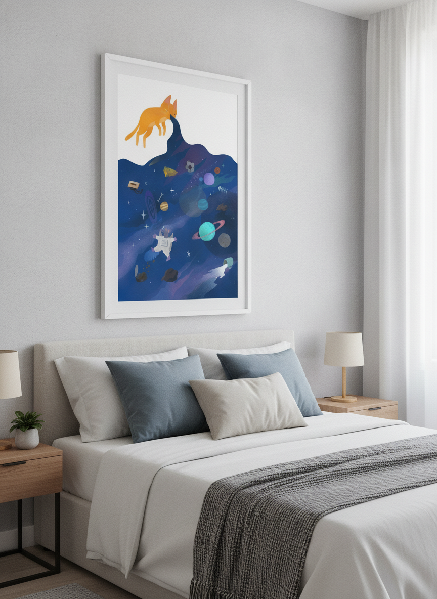 Minimalist artwork displayed in a calm, light-filled bedroom interior