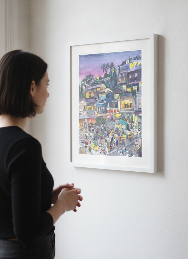 Person showcasing the artwork against a clean modern interior wall