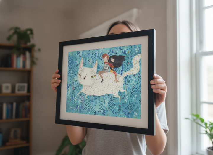 Person showcasing the artwork against a clean modern interior wall