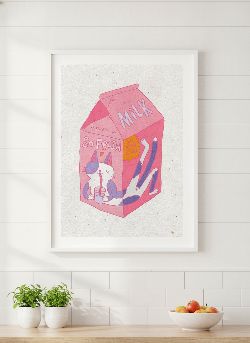 Artwork styled on the wall of a bright modern kitchen
