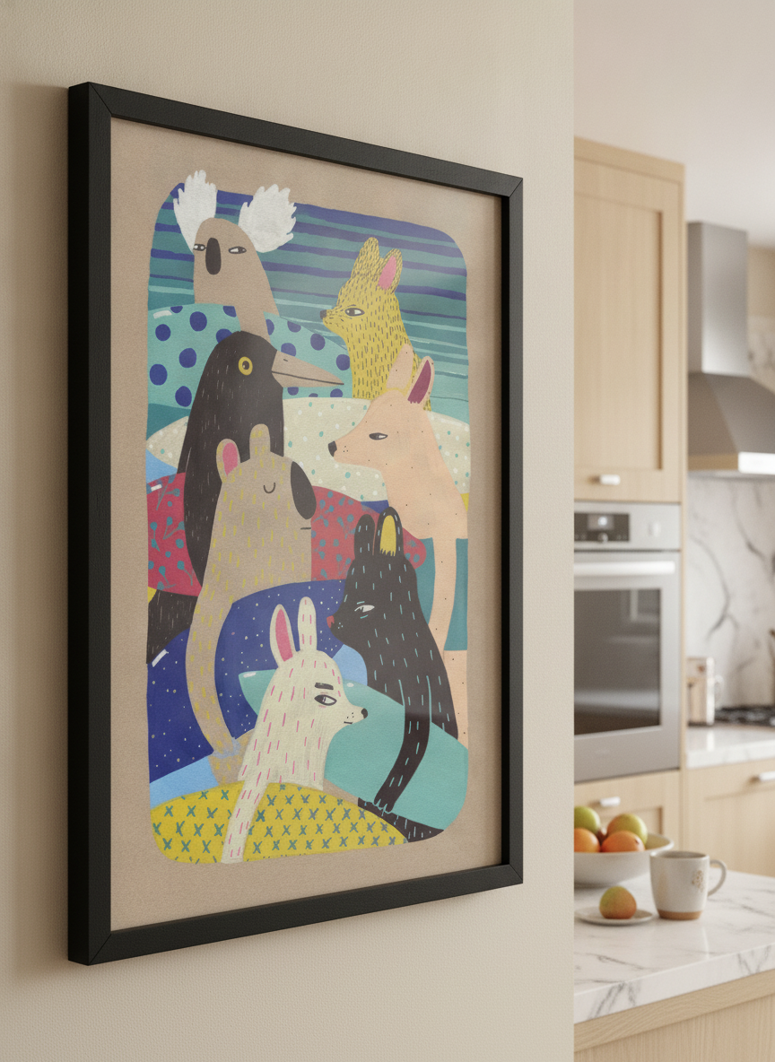 Artwork styled on the wall of a bright modern kitchen