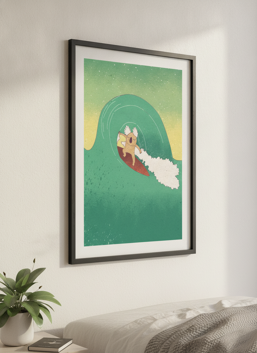 Minimalist artwork displayed in a calm, light-filled bedroom interior