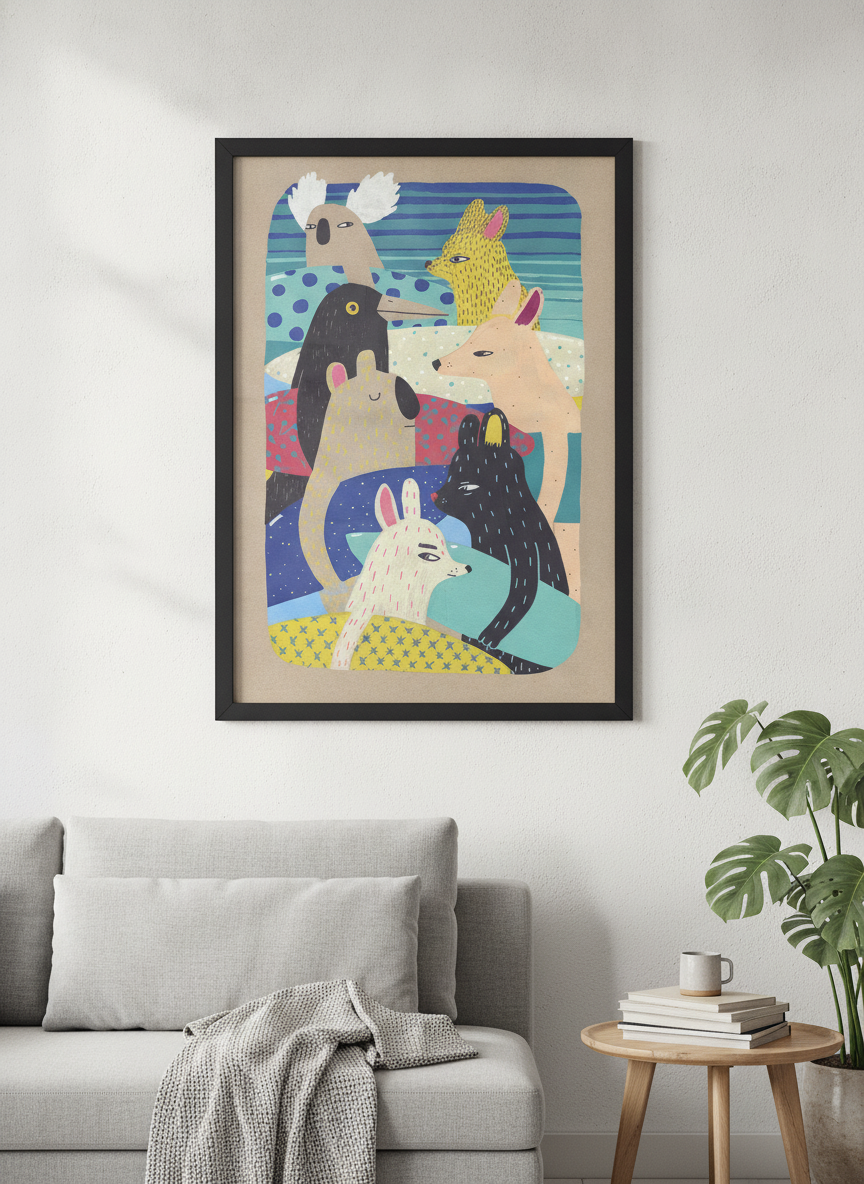 Modern wall art styled above a sofa in a neutral living room