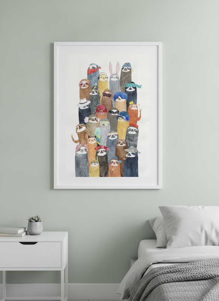Minimalist artwork displayed in a calm, light-filled bedroom interior
