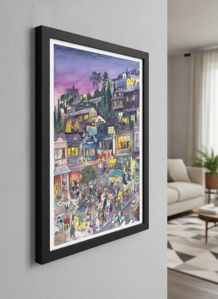 Modern wall art styled above a sofa in a neutral living room