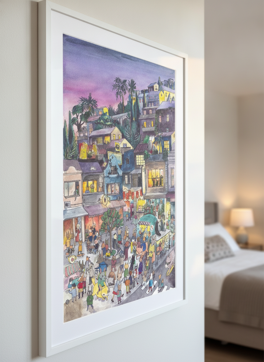 Minimalist artwork displayed in a calm, light-filled bedroom interior