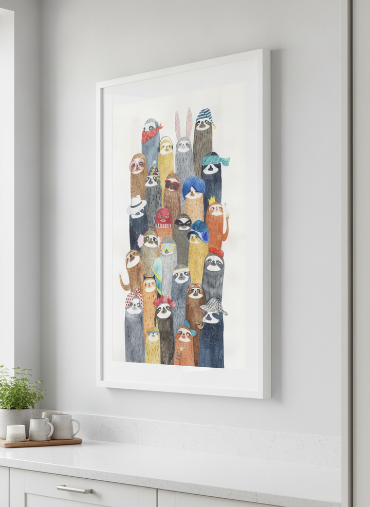 Artwork styled on the wall of a bright modern kitchen