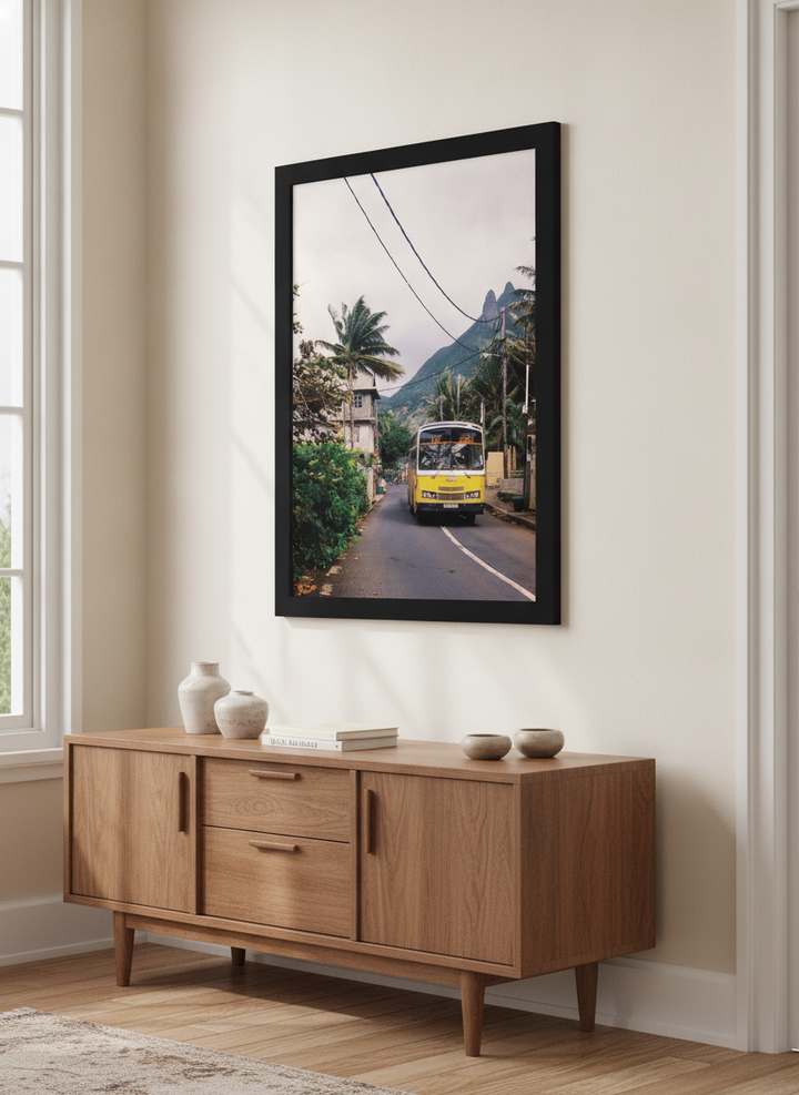Artwork displayed above a credenza in a real-looking contemporary home