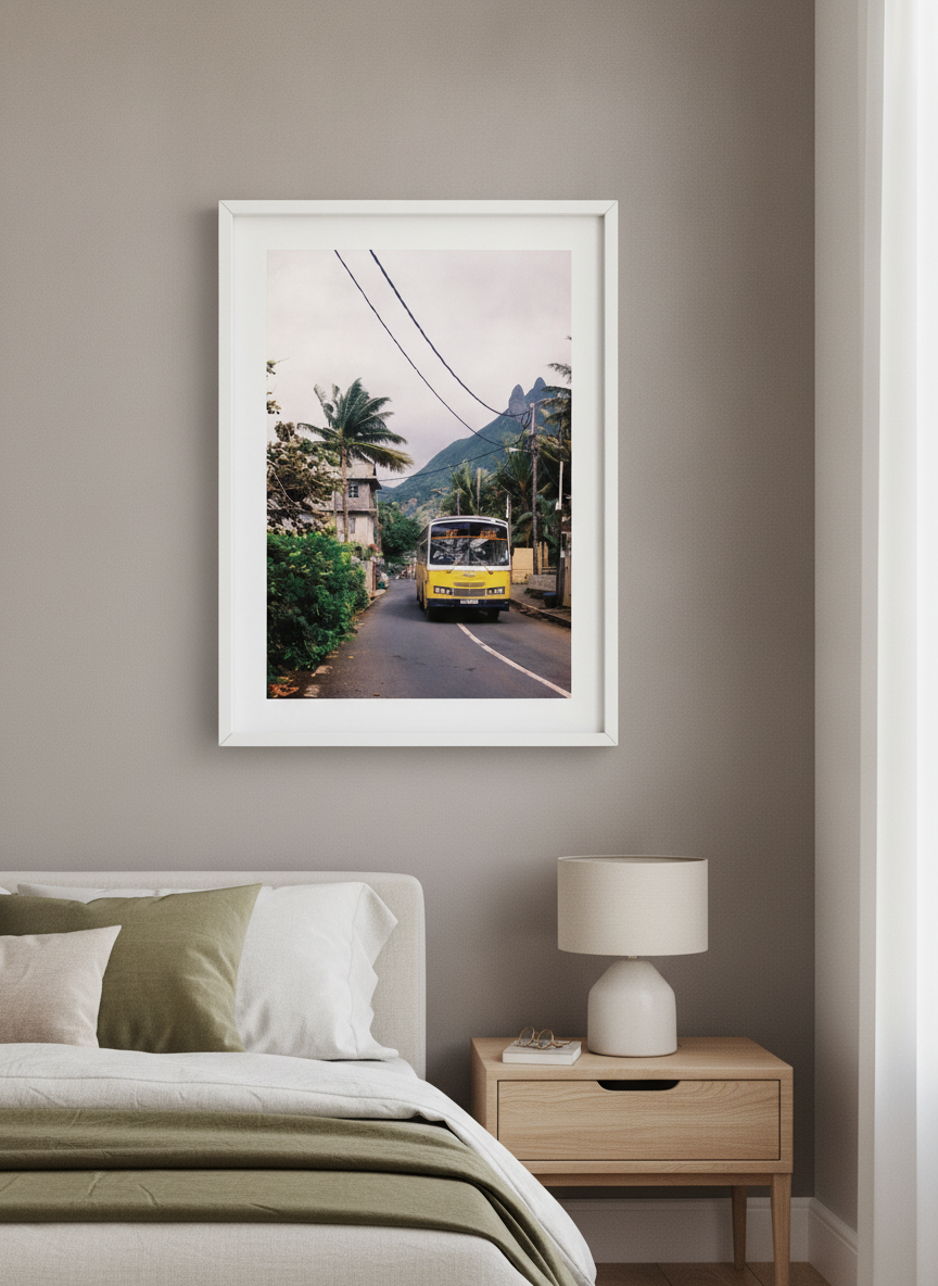 Minimalist artwork displayed in a calm, light-filled bedroom interior