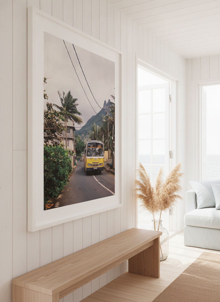 Neutral wall art displayed in a sunny coastal beach house