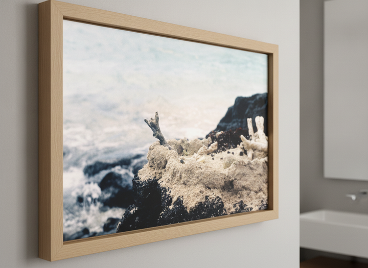 Modern print displayed in a clean minimalist bathroom setting