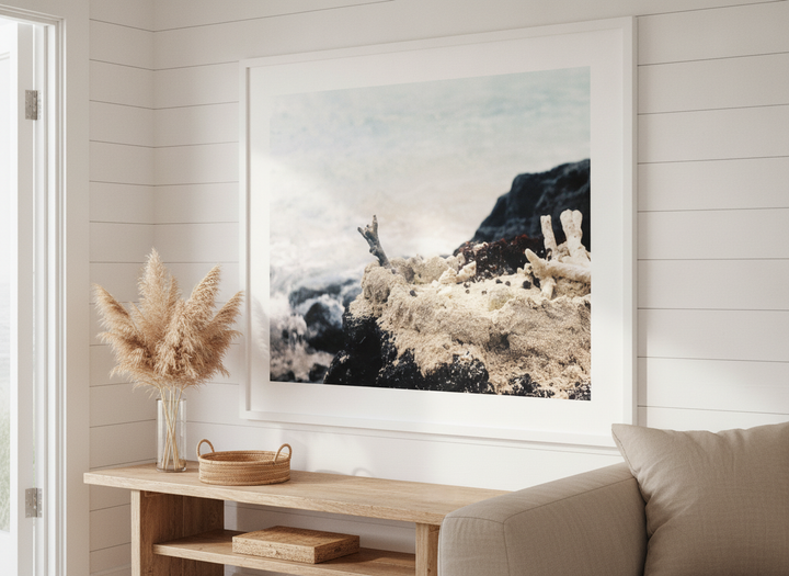 Neutral wall art displayed in a sunny coastal beach house