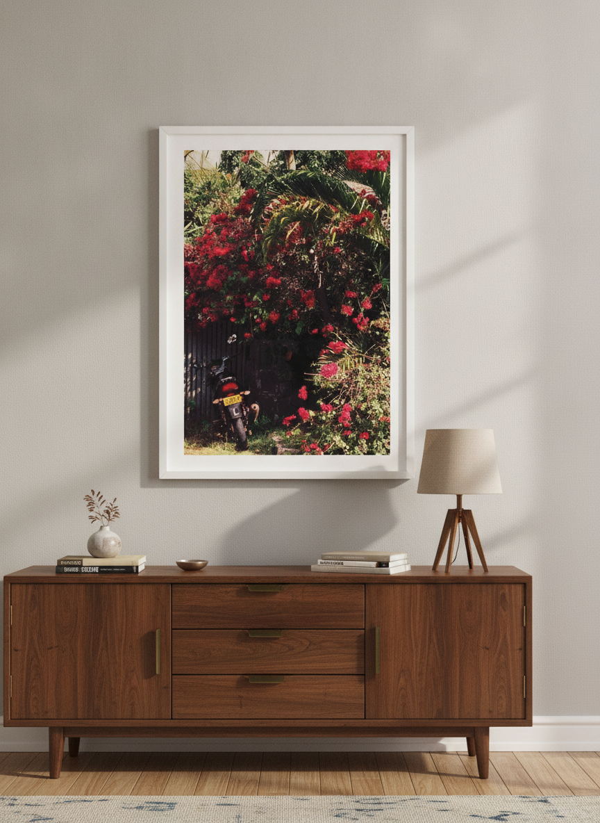 Artwork displayed above a credenza in a real-looking contemporary home