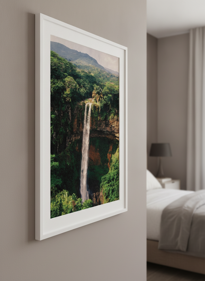 Minimalist artwork displayed in a calm, light-filled bedroom interior