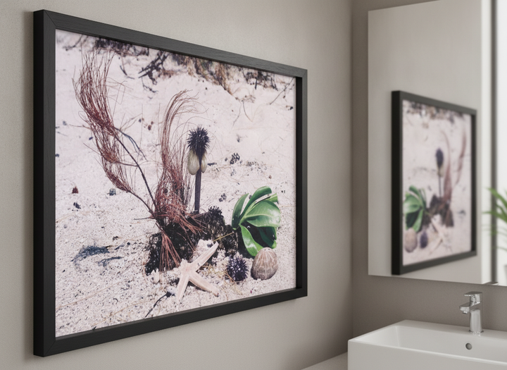 Modern print displayed in a clean minimalist bathroom setting