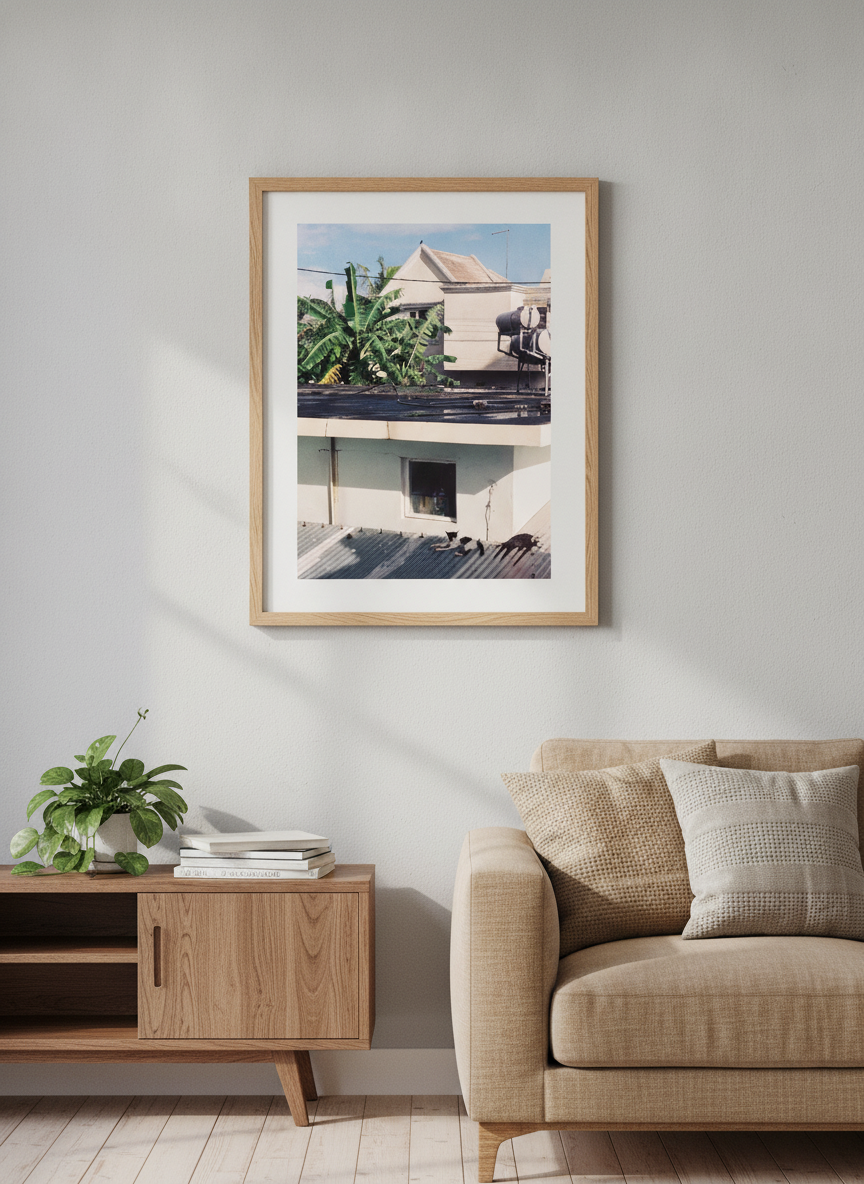 Artwork displayed above a credenza in a real-looking contemporary home