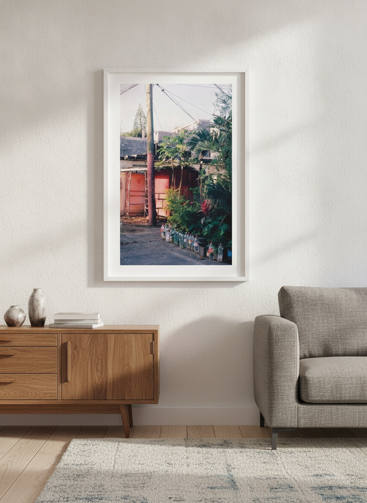 Artwork displayed above a credenza in a real-looking contemporary home