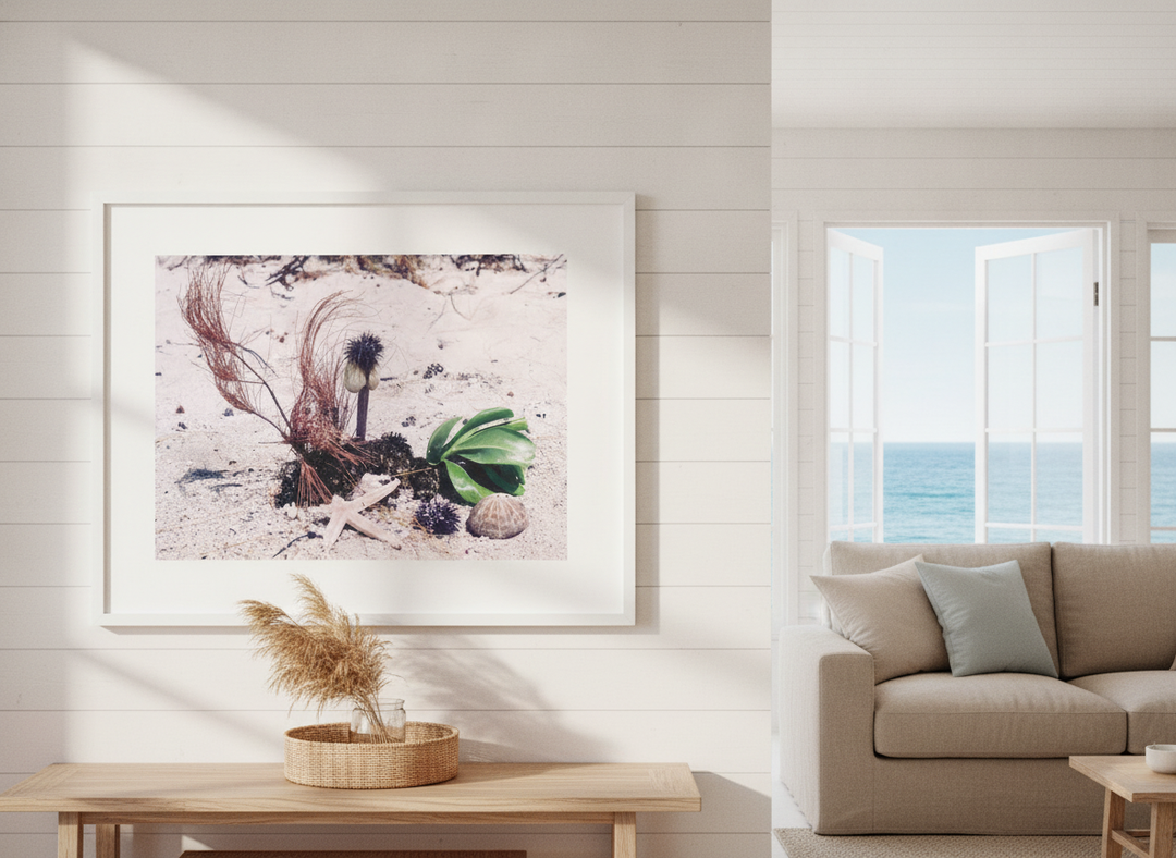 Neutral wall art displayed in a sunny coastal beach house