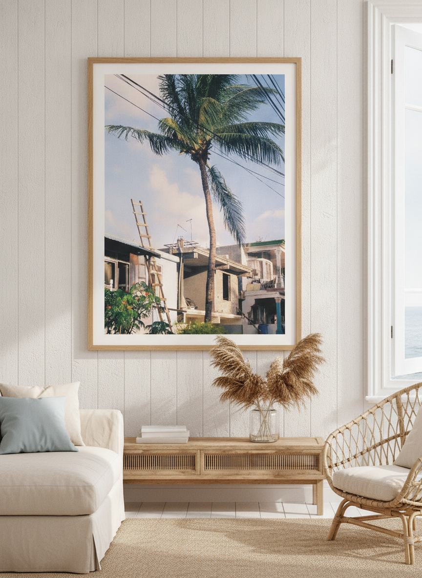 Neutral wall art displayed in a sunny coastal beach house